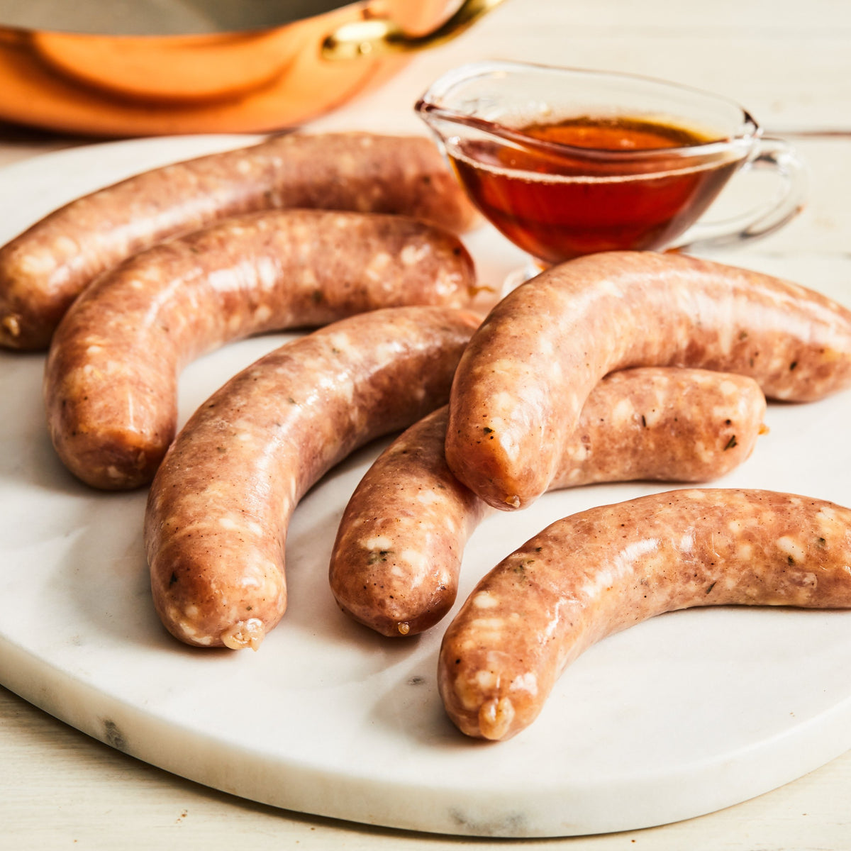 Image of Chicken Maple Breakfast Sausage. 6 links, about 1 lb. this uncooked breakfast sausage is a blend of chicken and pork seasoned with ginger, bourbon, applesauce, and a variety of spices